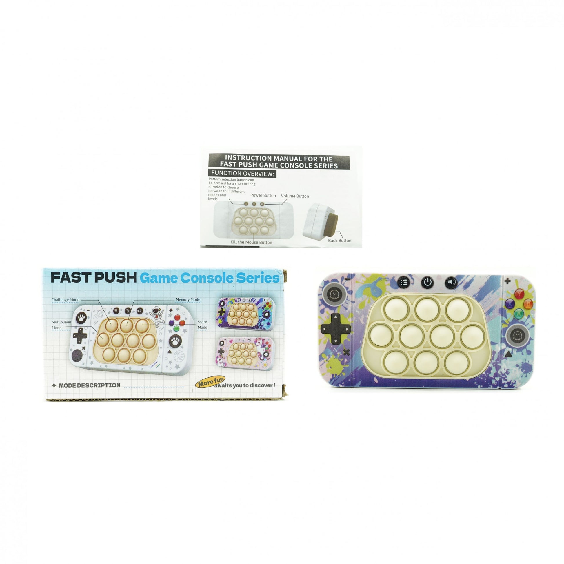 Jucarie interactiva tip consola pentru copii Klevo, speed push whack-a-mole, joc de viteza pop it, material ABS/silicon, cu nivele, sunete si lumini, 15.5 x 7.6 x 5.3 cm, model culori, multicolor