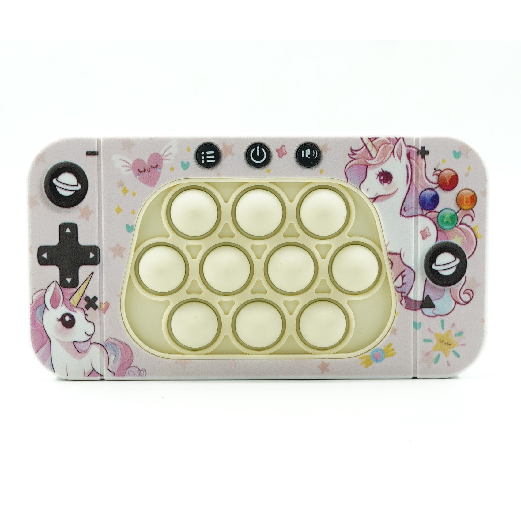 Jucarie interactiva tip consola pentru copii Klevo, speed push whack-a-mole, joc de viteza pop it, material ABS/silicon, cu nivele, sunete si lumini, 15.5 x 7.6 x 5.3 cm, model unicorn, roz