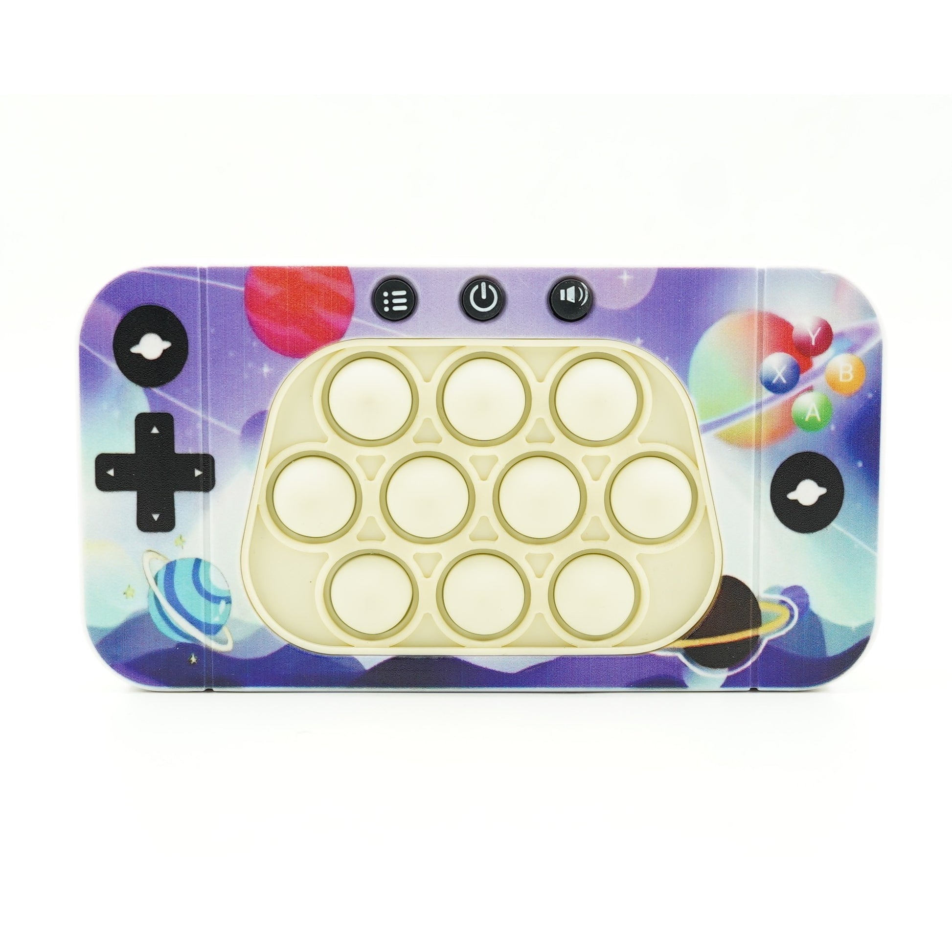 Jucarie interactiva tip consola pentru copii Klevo, speed push whack-a-mole, joc de viteza pop it, material ABS/silicon, cu nivele, sunete si lumini, 15.5 x 7.6 x 5.3 cm, model spatiu, multicolor