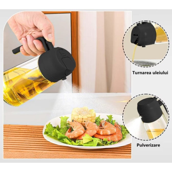 Recipient Ulei, Klevo, 2in1, Functie Spray/Turnare, din Sticla, 470 ml, Fara Scurgere, Negru