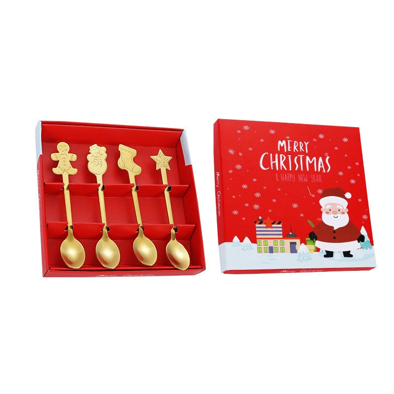 Set 4 Lingurite, Klevo, Tema Craciun, din Otel Inoxidabil, 4 Modele Festive, Cutie Cadou, 14 x 14 x 2.5 cm, Auriu