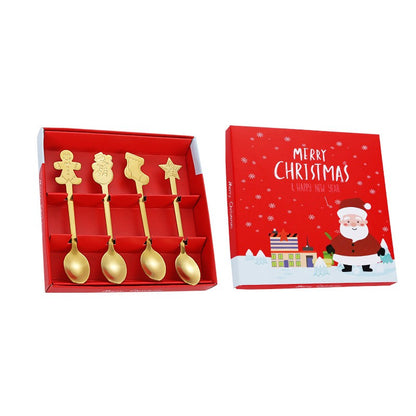 Set 4 Lingurite, Klevo, Tema Craciun, din Otel Inoxidabil, 4 Modele Festive, Cutie Cadou, 14 x 14 x 2.5 cm, Auriu