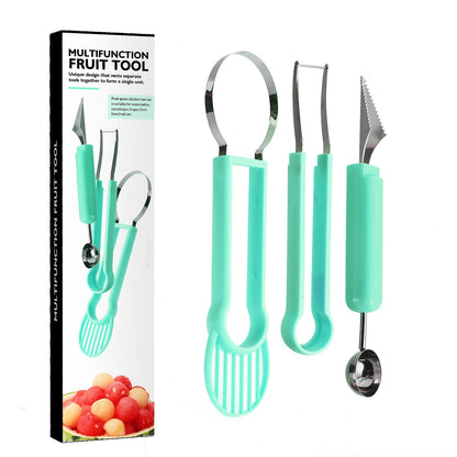 Ustensila bucatarie 4 in 1 pentru taiat si decorat fructe Klevo, material inox si plastic, compact, 28x6.2 cm, verde