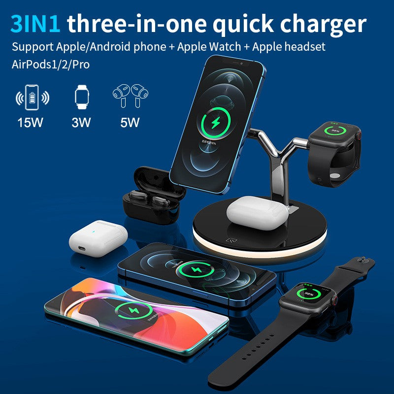 Statie de Incarcare 3 in 1, Klevo, Incarcator MagSafe Wireles Charger, Compatibil cu Apple iPhone, iWatch, AirPods, New Design, Max 25W, 14 x 14 x 10 cm, Negru