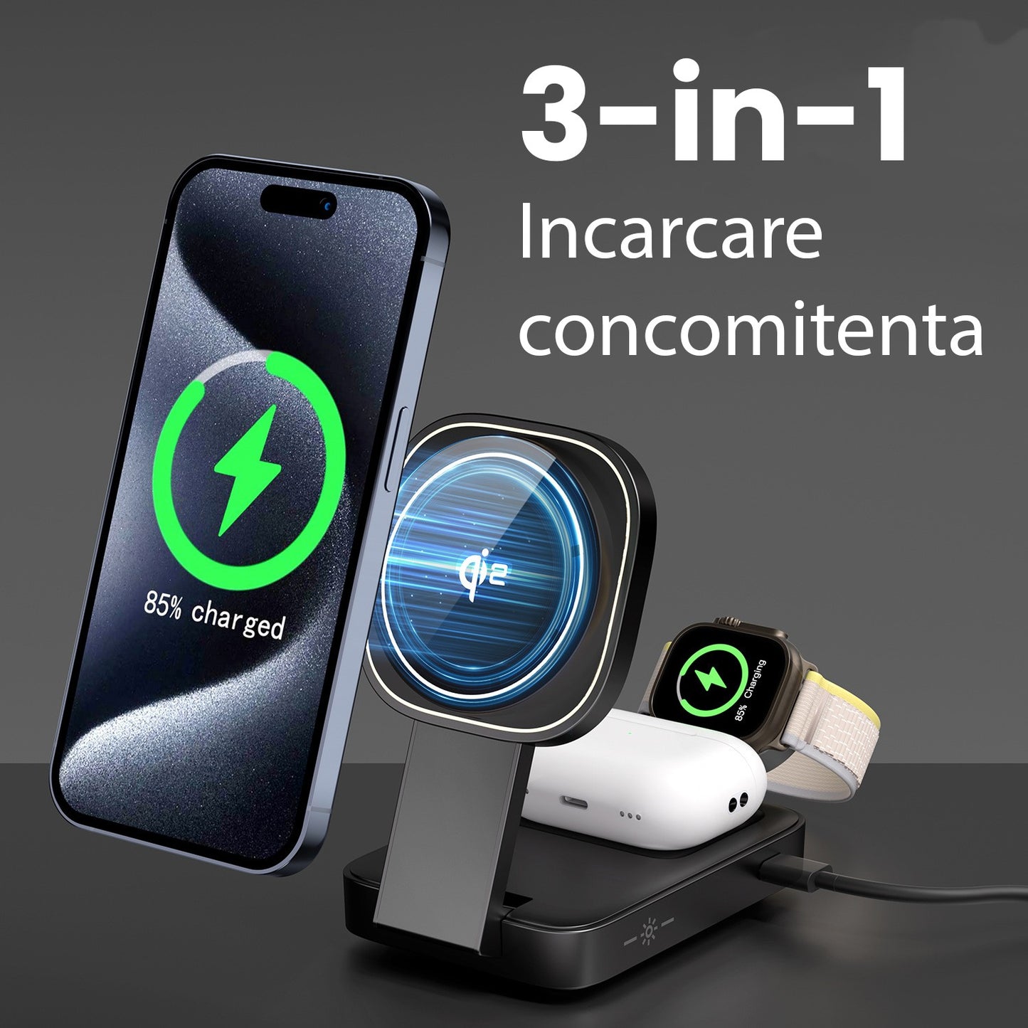 Statie de Incarcare MagSafe 3 in 1, Klevo, Magnetica Wireles Charger, Compatibil cu Apple iPhone, iWatch, AirPods, New Design, Max 23W, 11 x 6.5 x 2.9 cm, Negru