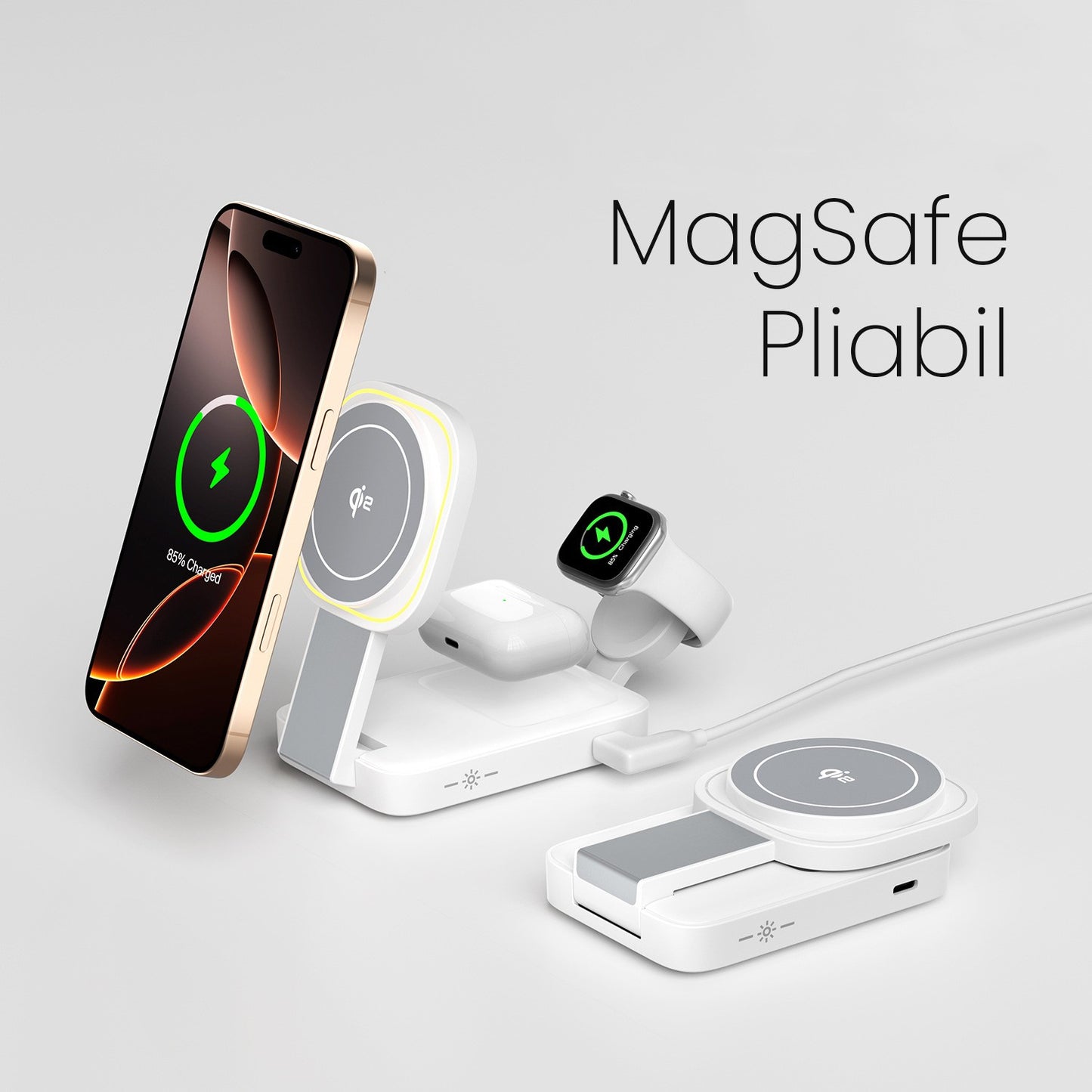 Statie de Incarcare MagSafe 3 in 1, Klevo, Magnetica Wireles Charger, Compatibil cu Apple iPhone, iWatch, AirPods, New Design, Max 23W, 11 x 6.5 x 2.9 cm Alb Ivory