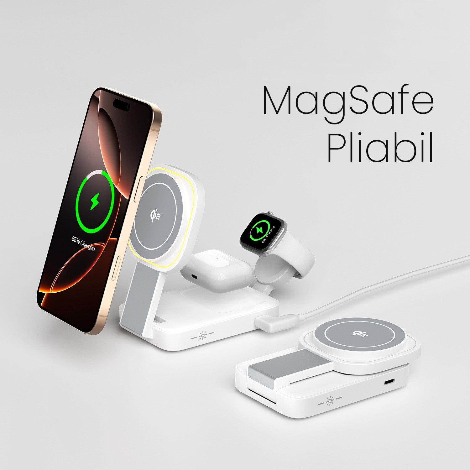 Statie de Incarcare MagSafe 3 in 1, Klevo, Magnetica Wireles Charger, Compatibil cu Apple iPhone, iWatch, AirPods, New Design, Max 23W, 11 x 6.5 x 2.9 cm Alb Ivory