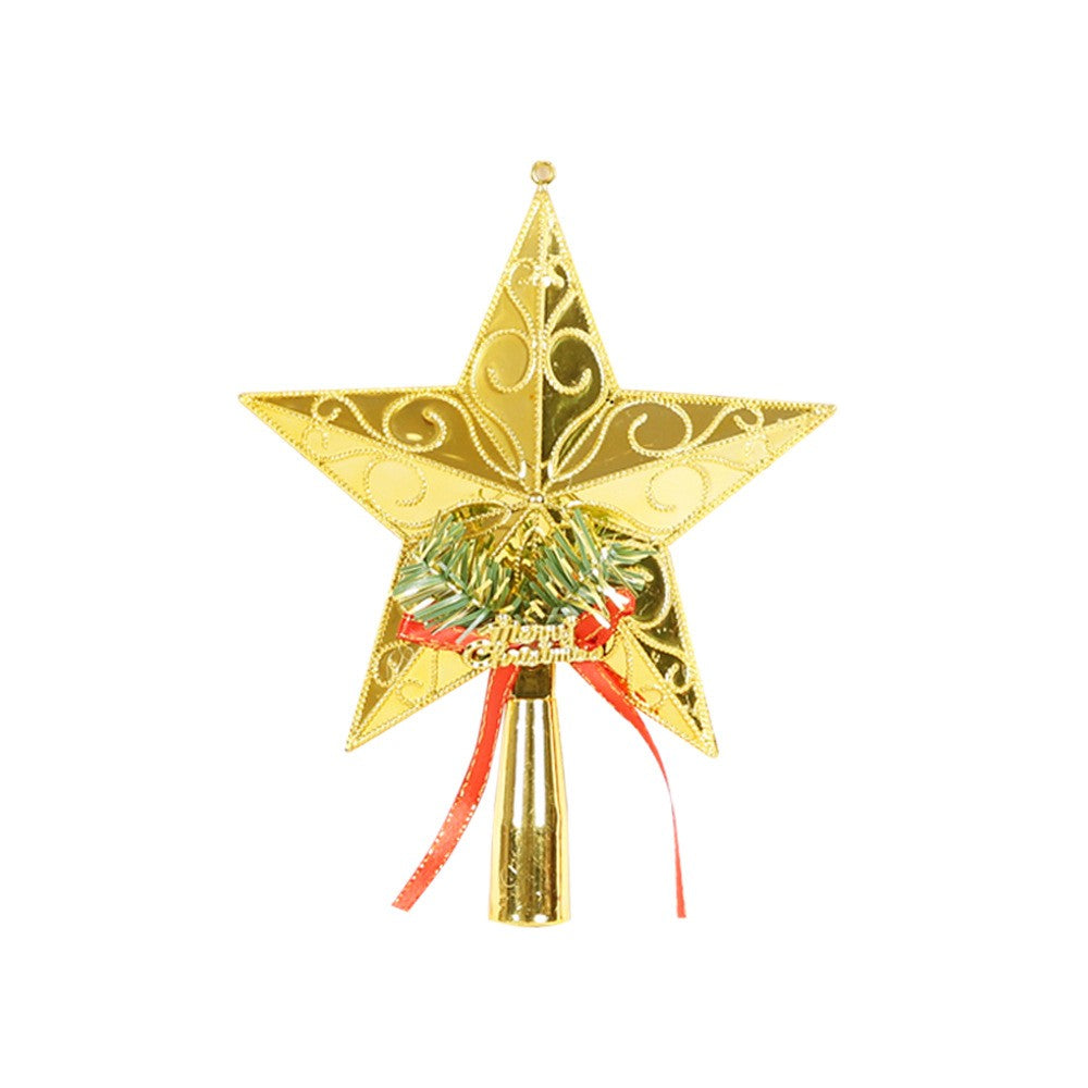 Varf decorativ de brad, Auriu, in forma de Stea, cu decoratiune Merry Christmas, din Plastic, 18.5 x 15 cm, Interior,Exterior, Klevo