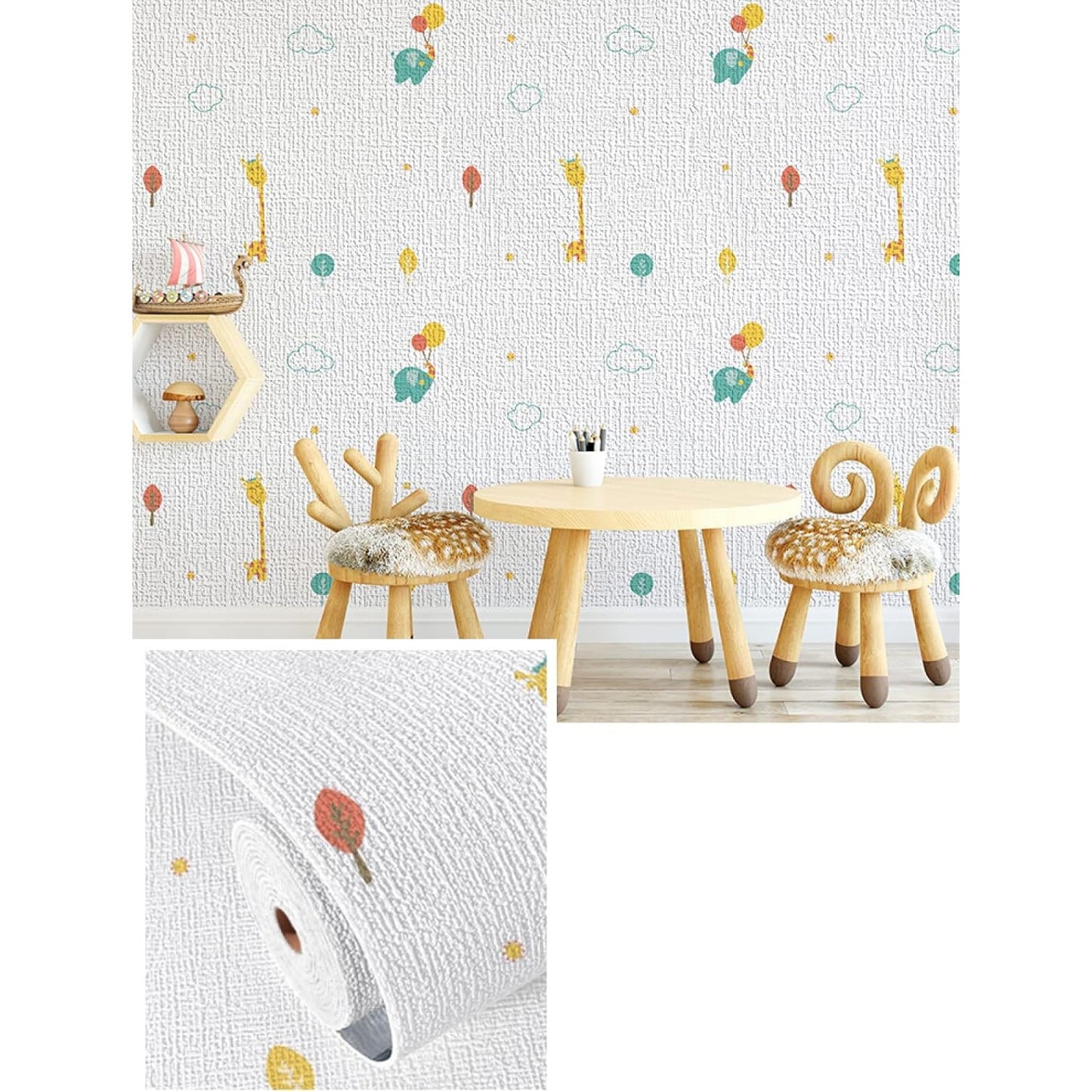 Rola Autoadeziva pentru Perete, Klevo, din Panza, 10 m, Rezistenta la Umezeala, 2.5 mm Grosime, Model Girafa si Elefant, Multicolor