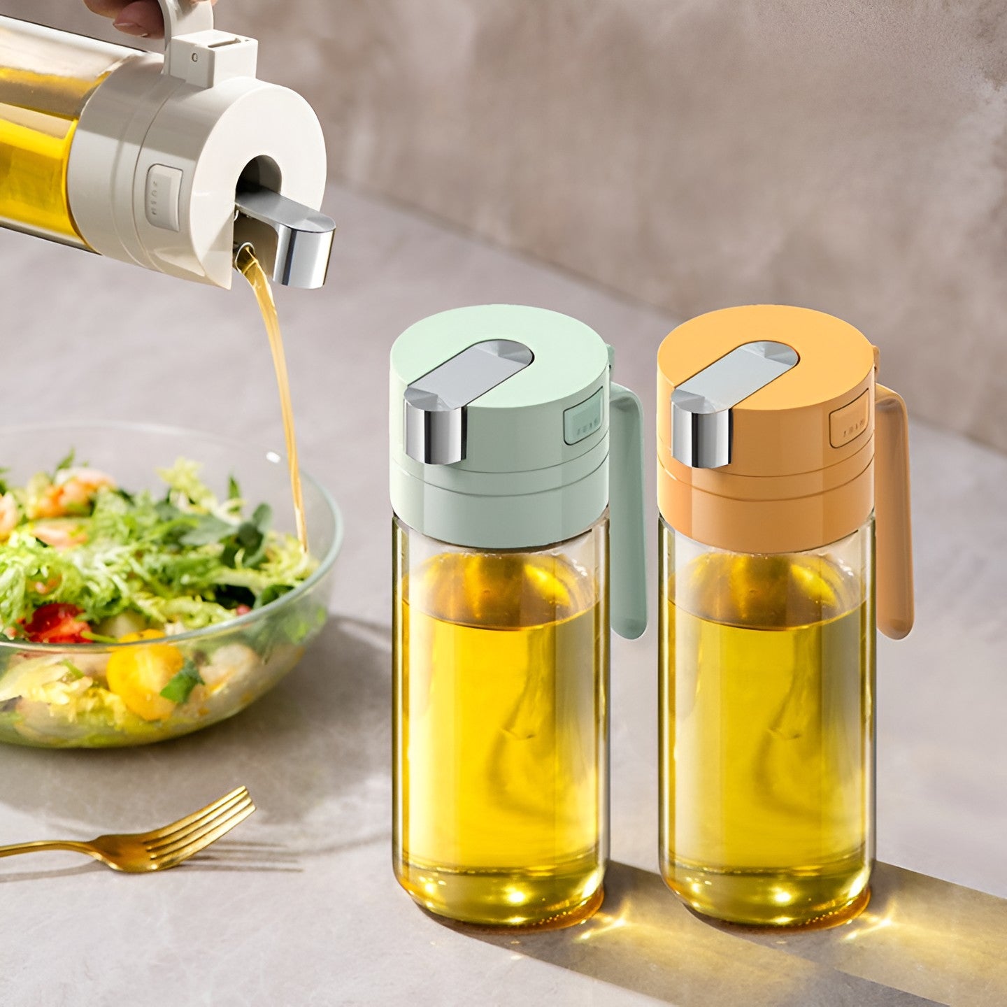 Dispenser pentru Ulei, Klevo, Deschidere si Inchidere Automata a Rezervorul, cu Inductie Gravitationala, 550 ml, 12x7.6x20.5 cm, Galben