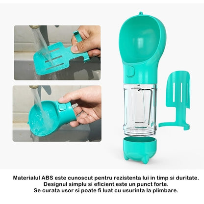 Sticla portabila 4 in 1 Klevo, pentru caini si pisici, cu 3 compartimente + lopetica, 300ml, apa, hrana, pungi igienice, lopetica, 26.7 x 9.7 x 9.4 cm, turcoaz