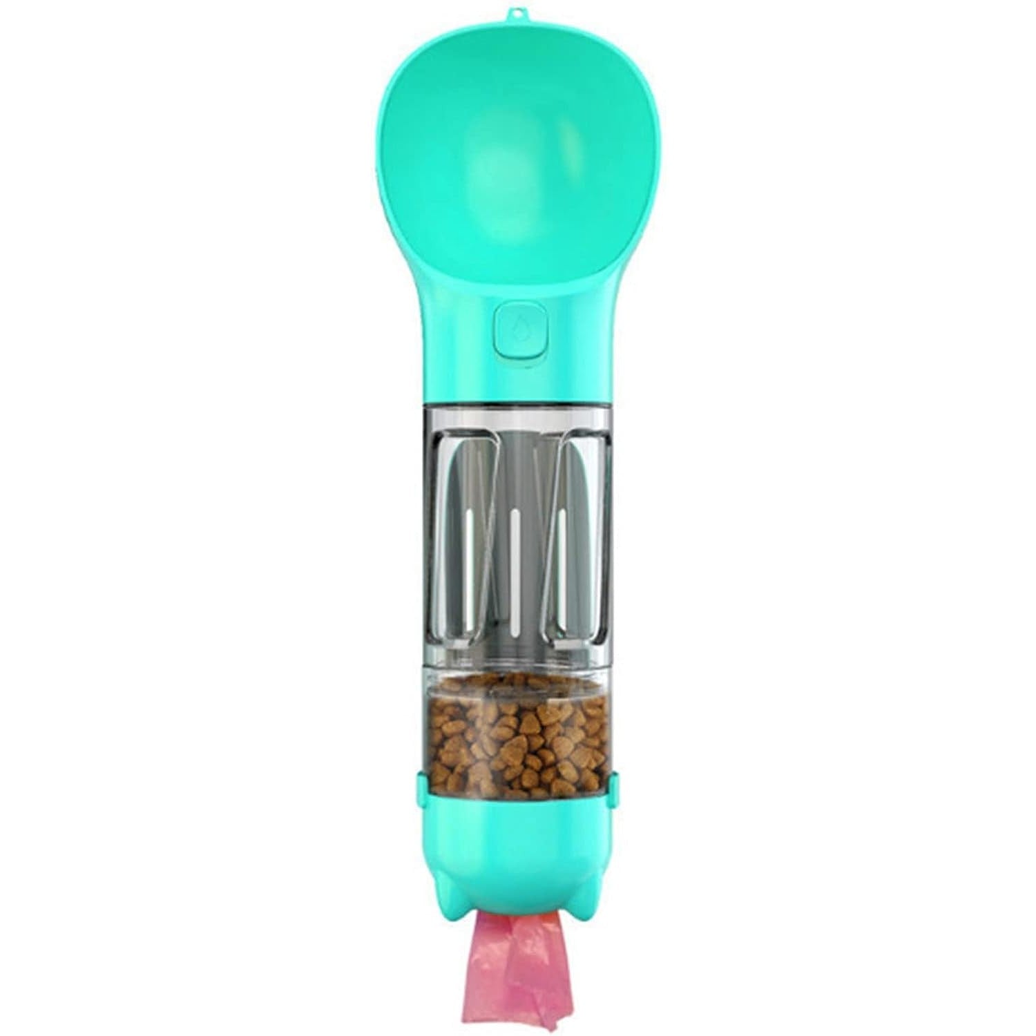 Sticla portabila 4 in 1 Klevo, pentru caini si pisici, cu 3 compartimente + lopetica, 300ml, apa, hrana, pungi igienice, lopetica, 26.7 x 9.7 x 9.4 cm, turcoaz