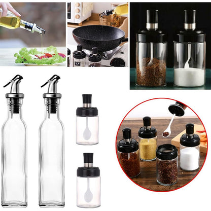 Sticle si Borcane de Ulei de Masline, Klevo, Dozator Set 4 Bucati, 2 Sticle cu Dispenser 500 ml/buc, 2 Borcane pentru Condimente cu Capac si Lingura 120ml/buc, Transparent