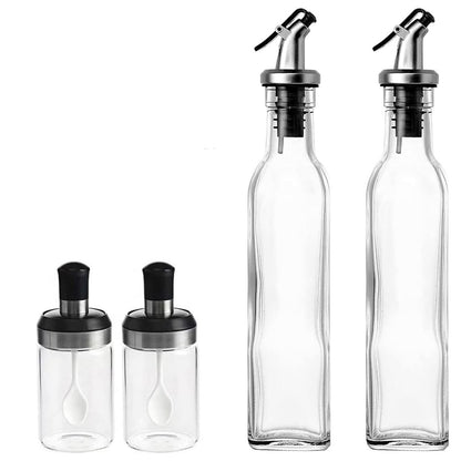Sticle si Borcane de Ulei de Masline, Klevo, Dozator Set 4 Bucati, 2 Sticle cu Dispenser 500 ml/buc, 2 Borcane pentru Condimente cu Capac si Lingura 120ml/buc, Transparent