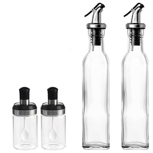 Sticle si Borcane de Ulei de Masline, Klevo, Dozator Set 4 Bucati, 2 Sticle cu Dispenser 500 ml/buc, 2 Borcane pentru Condimente cu Capac si Lingura 120ml/buc, Transparent