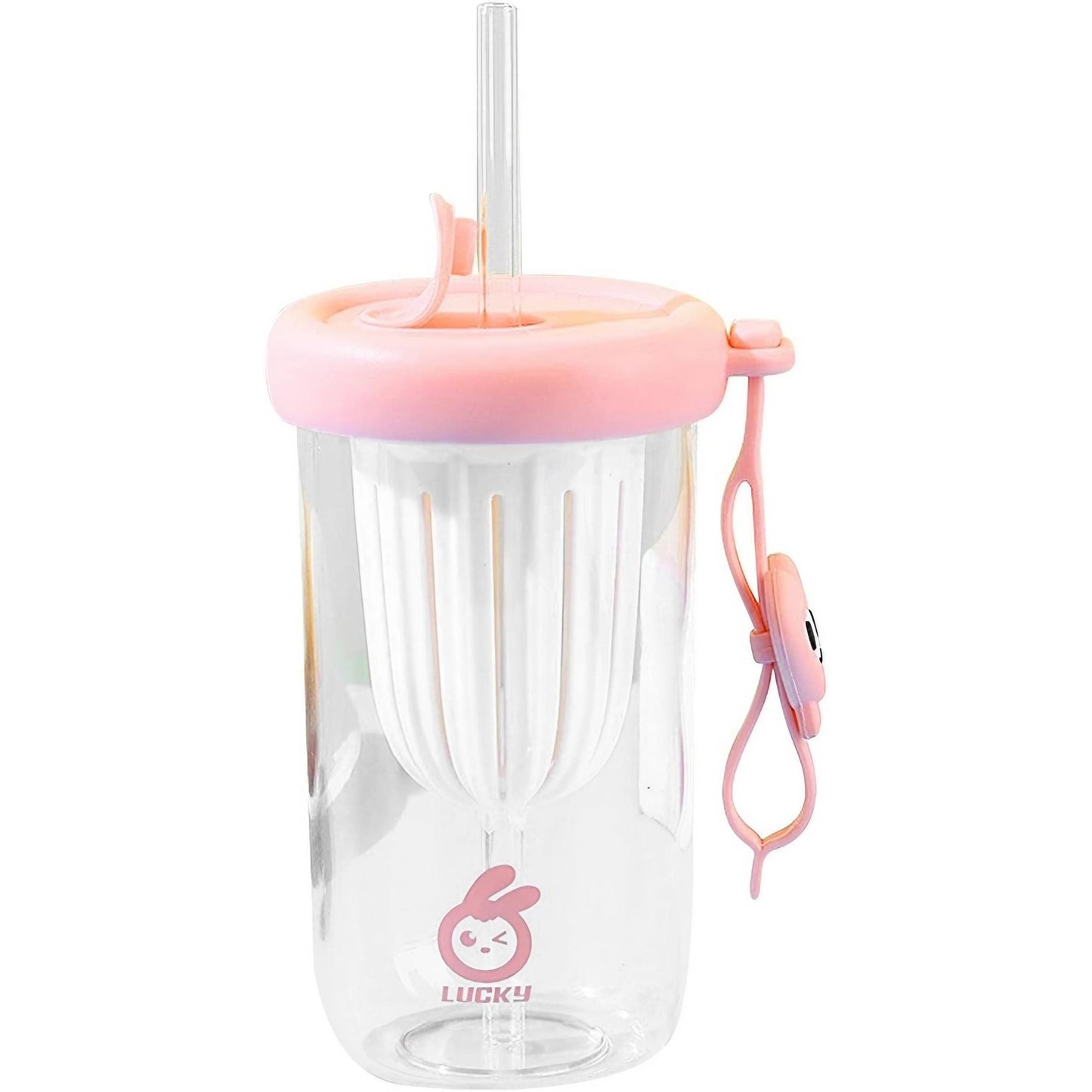 Pahar din silicon, cu capac si pai, pentru copii, Klevo, anti-cadere, compartiment pentru fructe/ceai/gheata, rezistent la temperaturi inalte, 500ml, Roz, 14.5x8.8x20 cm
