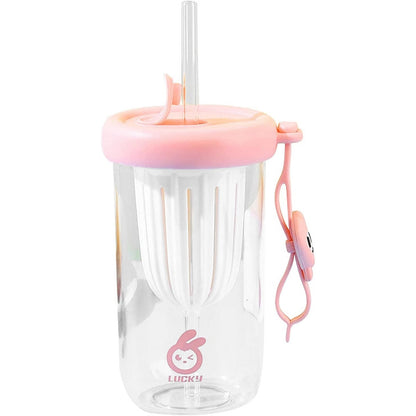Pahar din silicon, cu capac si pai, pentru copii, Klevo, anti-cadere, compartiment pentru fructe/ceai/gheata, rezistent la temperaturi inalte, 500ml, Roz, 14.5x8.8x20 cm