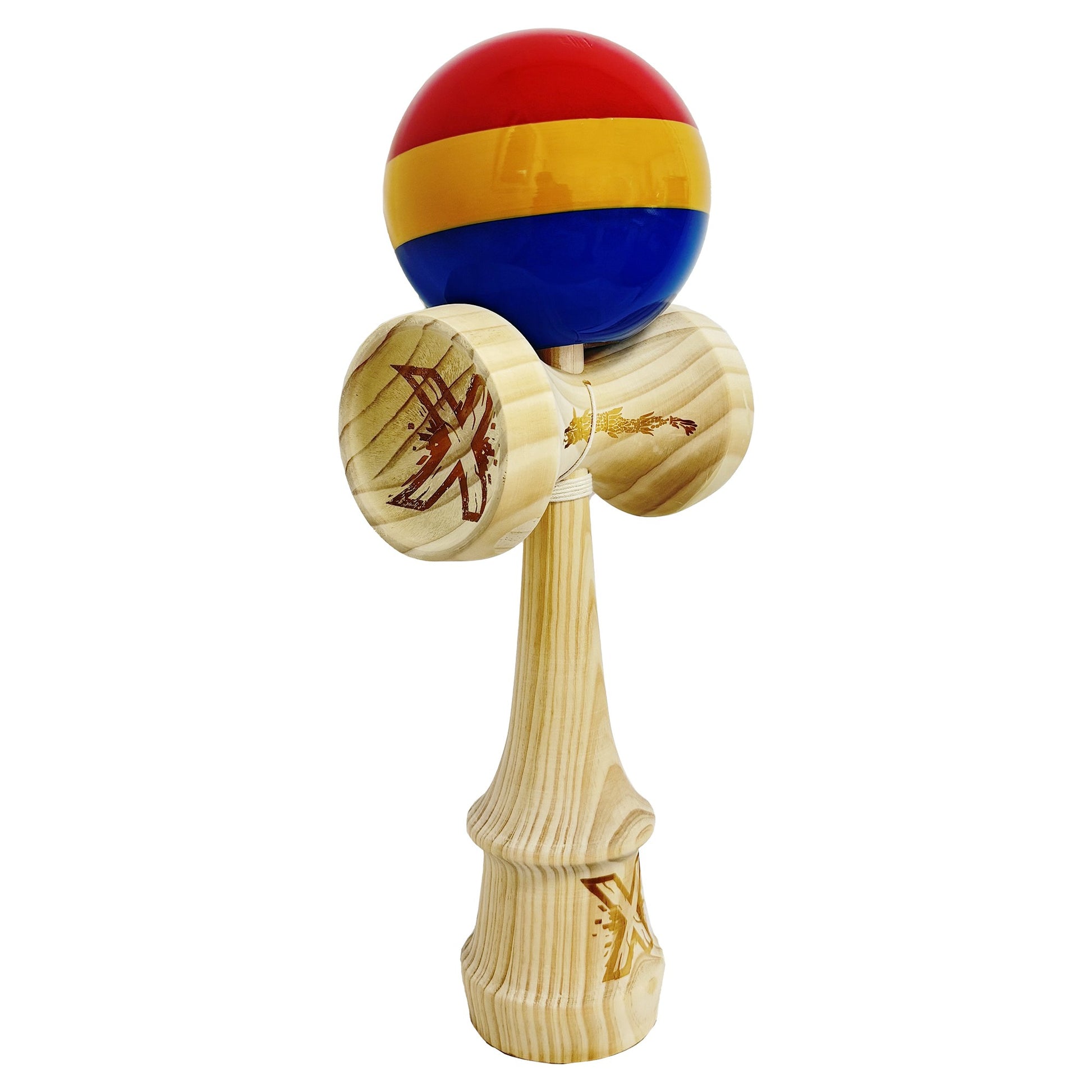 Kendama X Originala, Profesionala, Klevo, Inaltime 52 cm, SUPER BIG cu Cupe KING SIZE, Bila Super Sticky, Diametrul 17 cm, din Lemn, Multicolor