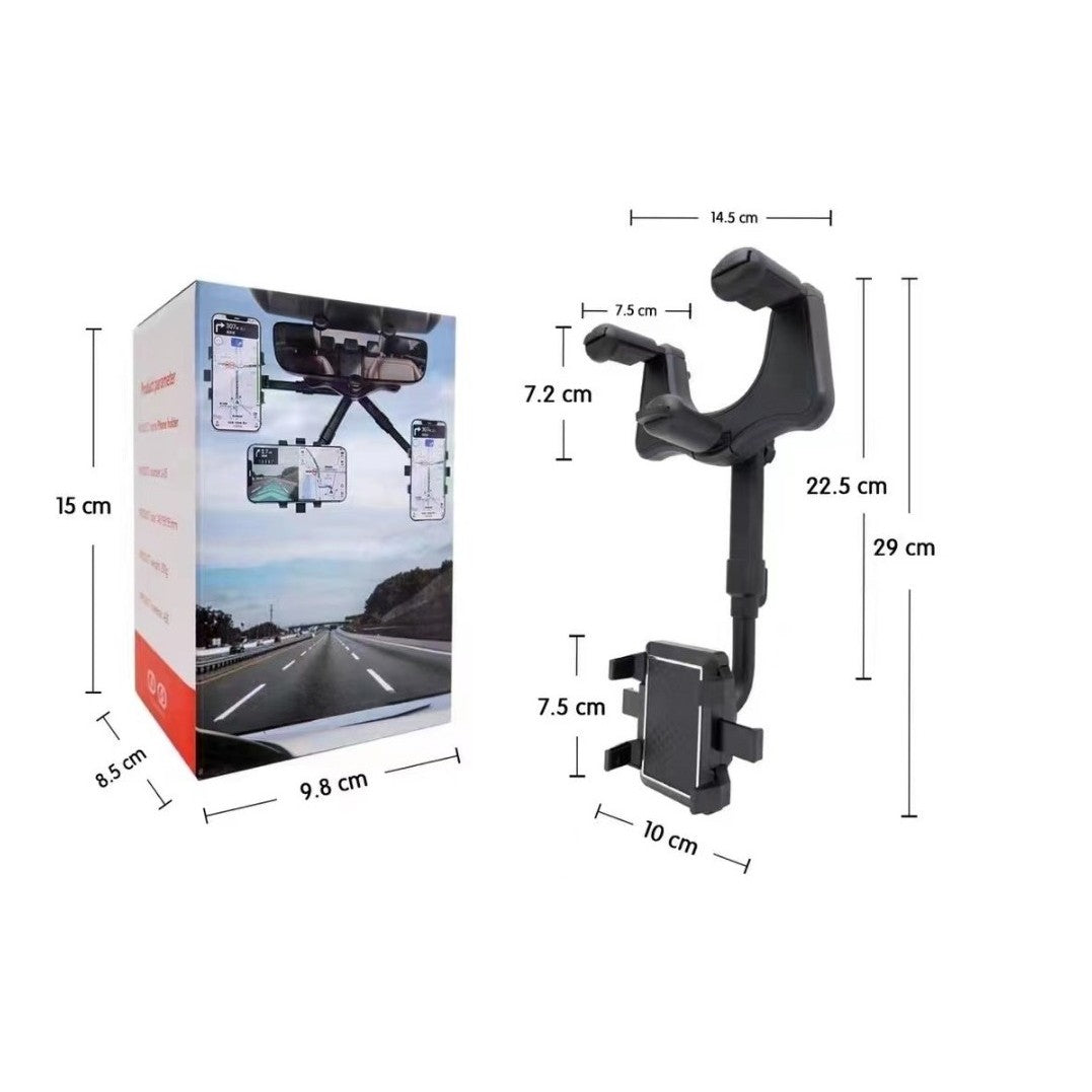 Suport auto Klevo cu atasare la oglinda retrovizoare, model Y611, rotativ 360 de grade și retractabil, multifuncțional, compatibil cu toate telefoanele mobile, Negru