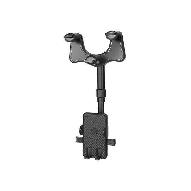 Suport auto Klevo cu atasare la oglinda retrovizoare, rotativ 360 de grade și retractabil, multifuncțional, compatibil cu toate telefoanele mobile, Finisaj Carbon, Negru