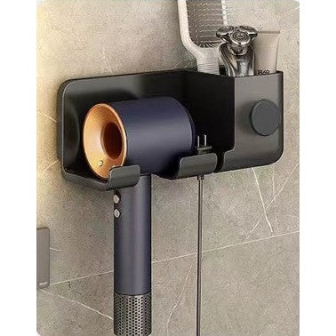 Suport de Baie, Klevo, pentru Uscator de Par, cu Organizator Dublu, din Plastic, Aplicare cu Suport Adeziv, 23 x 8.8 x 9.5 cm, Negru