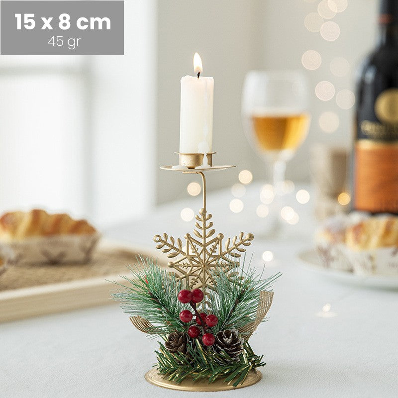 Suport Decorativ pentru Lumanare de Craciun, Klevo, Ornament pentru Lumanare, Model Fulg de Nea Auriu cu Crengute de Brad, din Art Metal, pentru Masa, fara Lumanare, 15 x 8 cm, Auriu