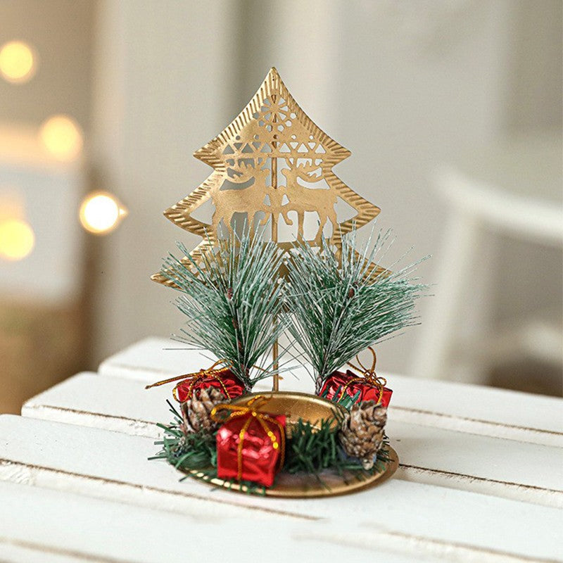 Suport Decorativ pentru Lumanare de Craciun, Klevo, Ornament pentru Lumanare pe Masa, Model Brad cu Reni si Crengute de Brad, din Art Metal, fara Lumanare 13 x 8.3 cm, Auriu