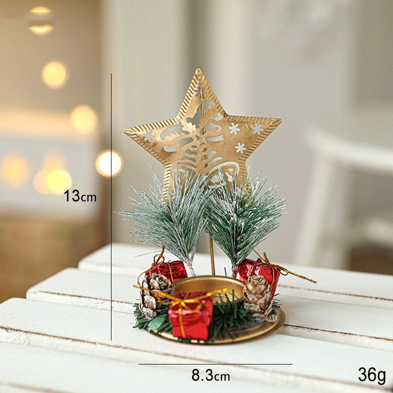 Suport Decorativ pentru Lumanare de Craciun, Klevo, Ornament pentru Lumanare pe Masa, Model Stea cu Clopotei si Crengute de Brad, din Art Metal, fara Lumanare 13 x 8.3 cm, Auriu