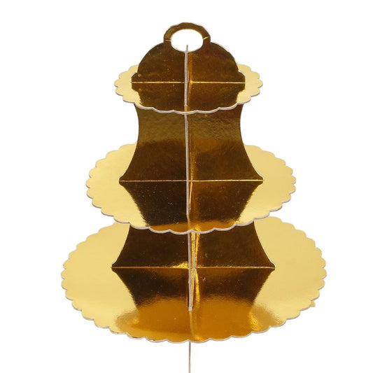Etajera pentru Prajituri, Klevo, din Carton, 3 Nivele, 16/22/29 cm Diametru, Inaltime 38 cm, Auriu