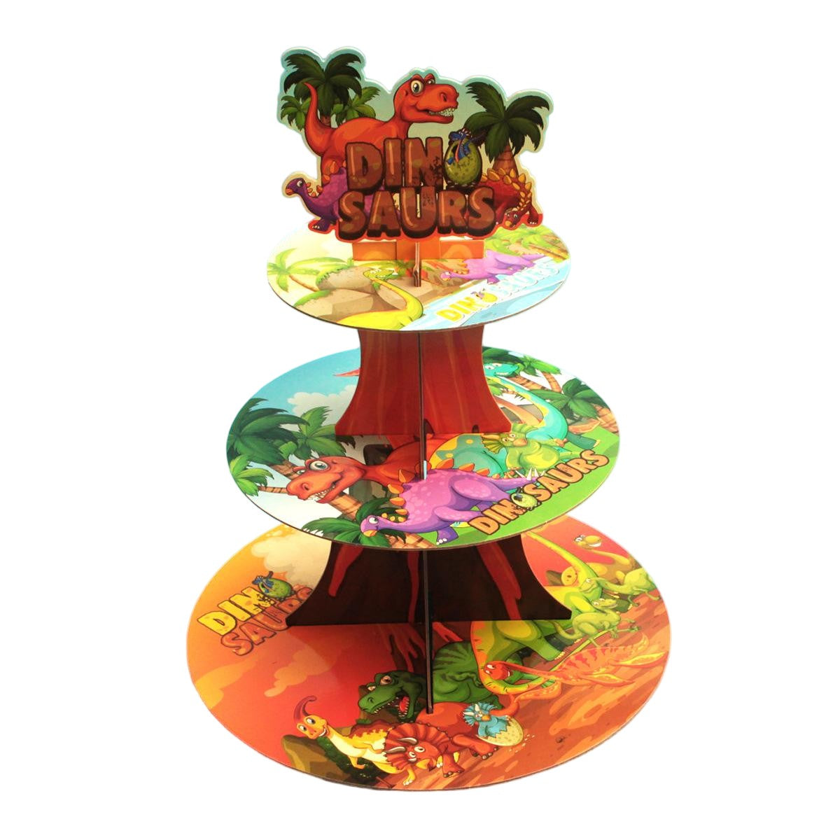 Etajera pentru Prajituri, Klevo, din Carton, 3 Nivele, 16/22/29 cm Diametru, Inaltime 38 cm, Tema Dinozauri, Multicolor