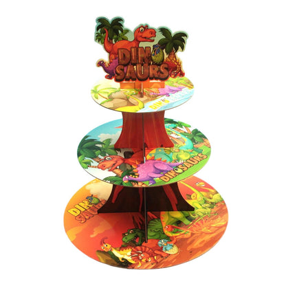 Etajera pentru Prajituri, Klevo, din Carton, 3 Nivele, 16/22/29 cm Diametru, Inaltime 38 cm, Tema Dinozauri, Multicolor