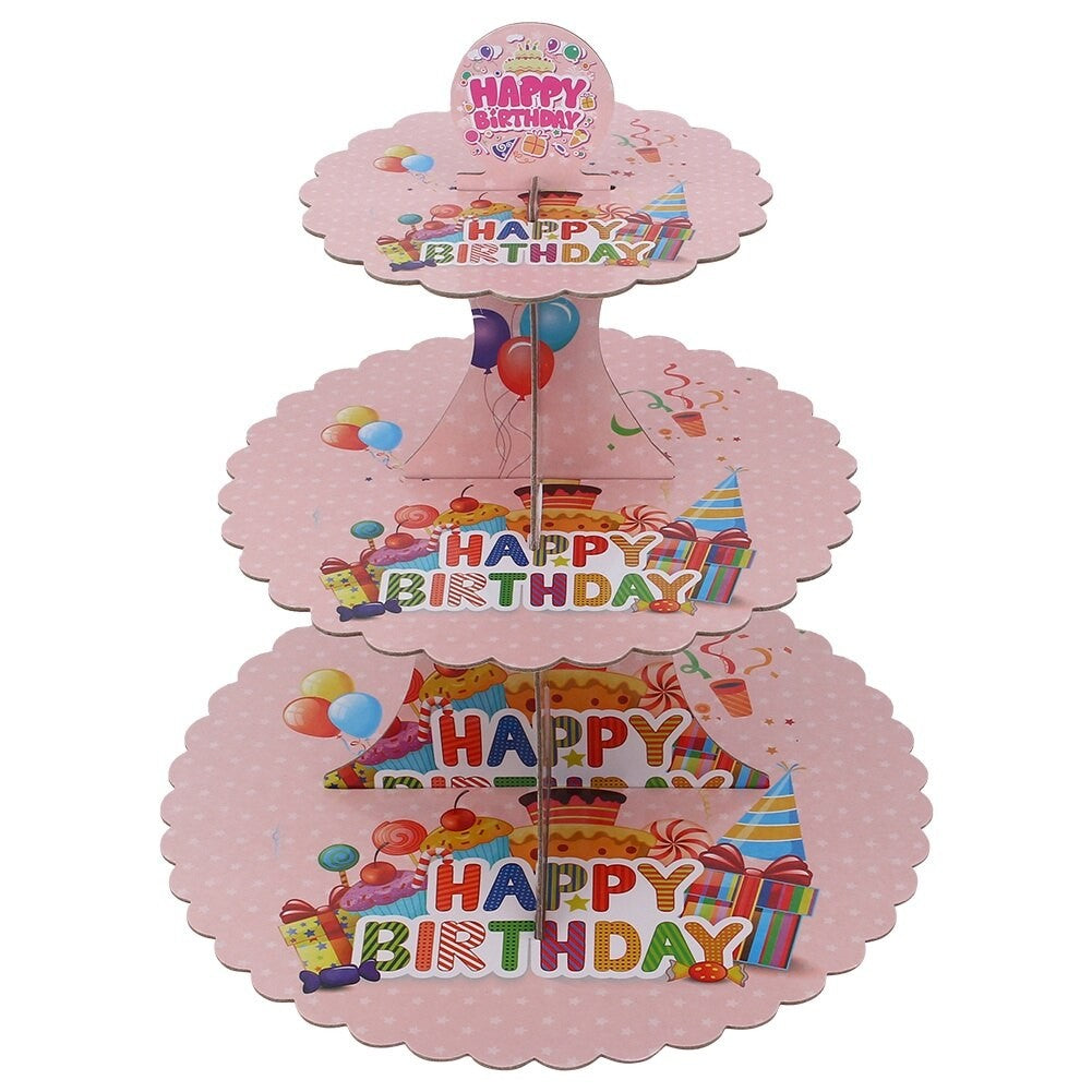 Etajera pentru Prajituri, Klevo, din Carton, 3 Nivele, 16/22/29 cm Diametru, Inaltime 38 cm, Tema Happy Birthday, Roz