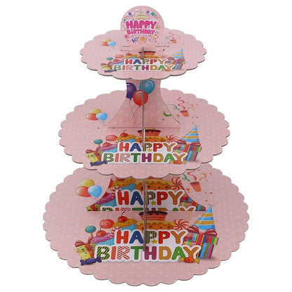 Etajera pentru Prajituri, Klevo, din Carton, 3 Nivele, 16/22/29 cm Diametru, Inaltime 38 cm, Tema Happy Birthday, Roz