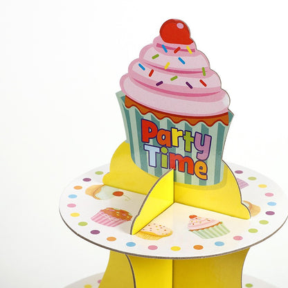 Suport Prajituri, Klevo, 3 Etaje, Design de Petrecere, pentru Prajituri, Candy Bar, din Carton, Galben/Multicolor