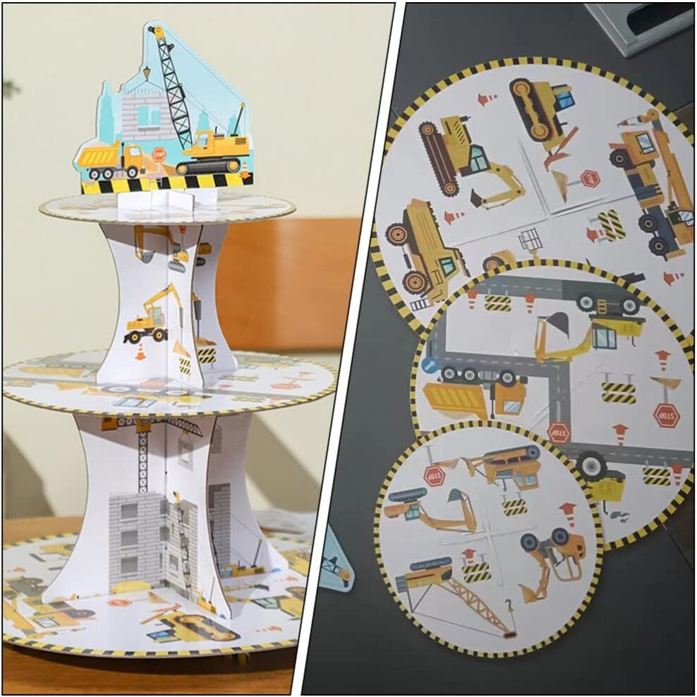 Etajera pentru Prajituri, Klevo, din Carton, 3 Nivele, 16/22/29 cm Diametru, Inaltime 38 cm, Tema Utilaje de Santier, Multicolor
