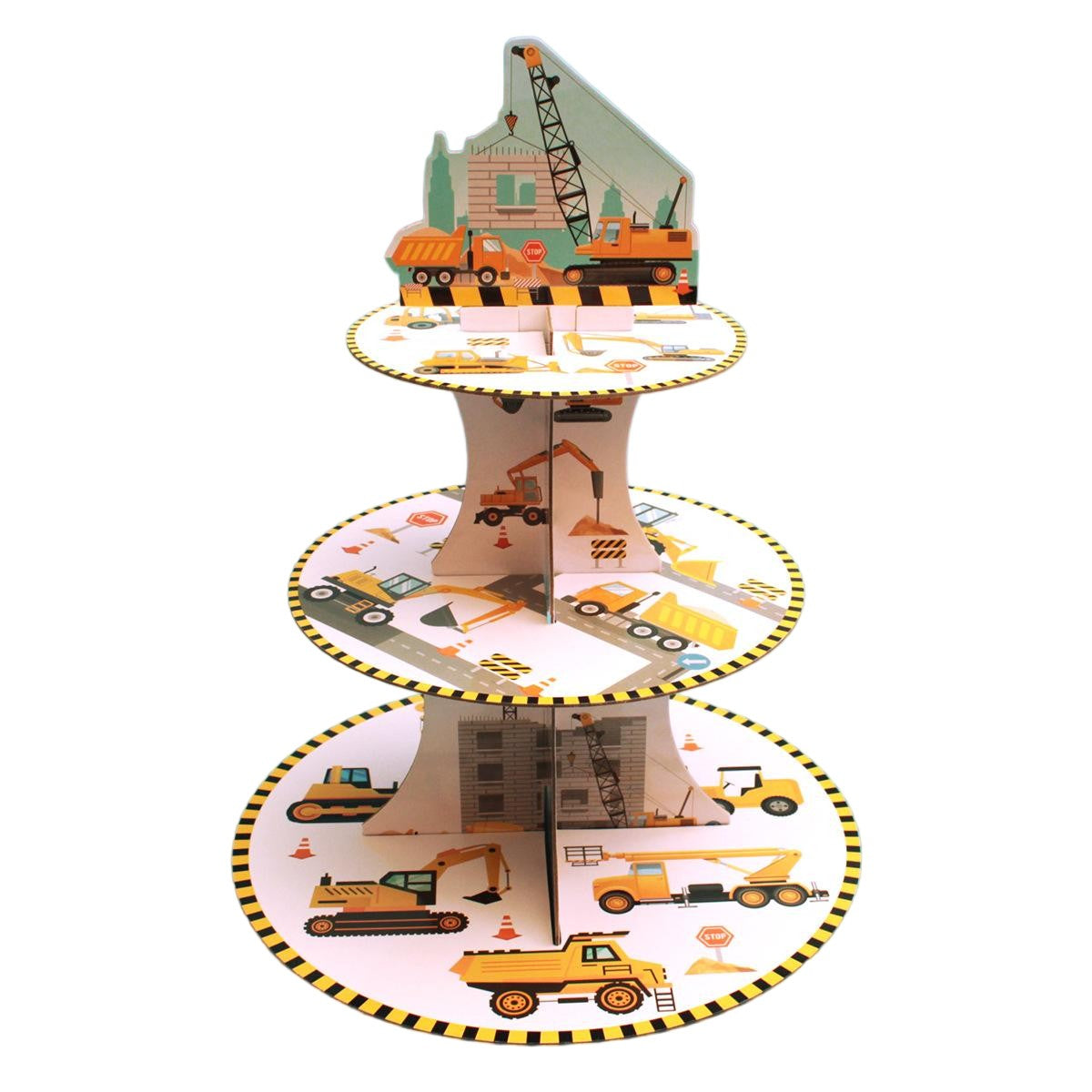 Etajera pentru Prajituri, Klevo, din Carton, 3 Nivele, 16/22/29 cm Diametru, Inaltime 38 cm, Tema Utilaje de Santier, Multicolor