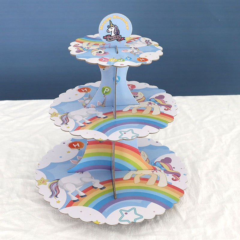 Etajera pentru Prajituri, Klevo, din Carton, 3 Nivele, 16/22/29 cm Diametru, Inaltime 38 cm, Tema Unicorni, Multicolor