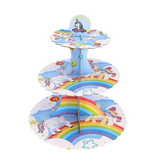 Etajera pentru Prajituri, Klevo, din Carton, 3 Nivele, 16/22/29 cm Diametru, Inaltime 38 cm, Tema Unicorni, Multicolor