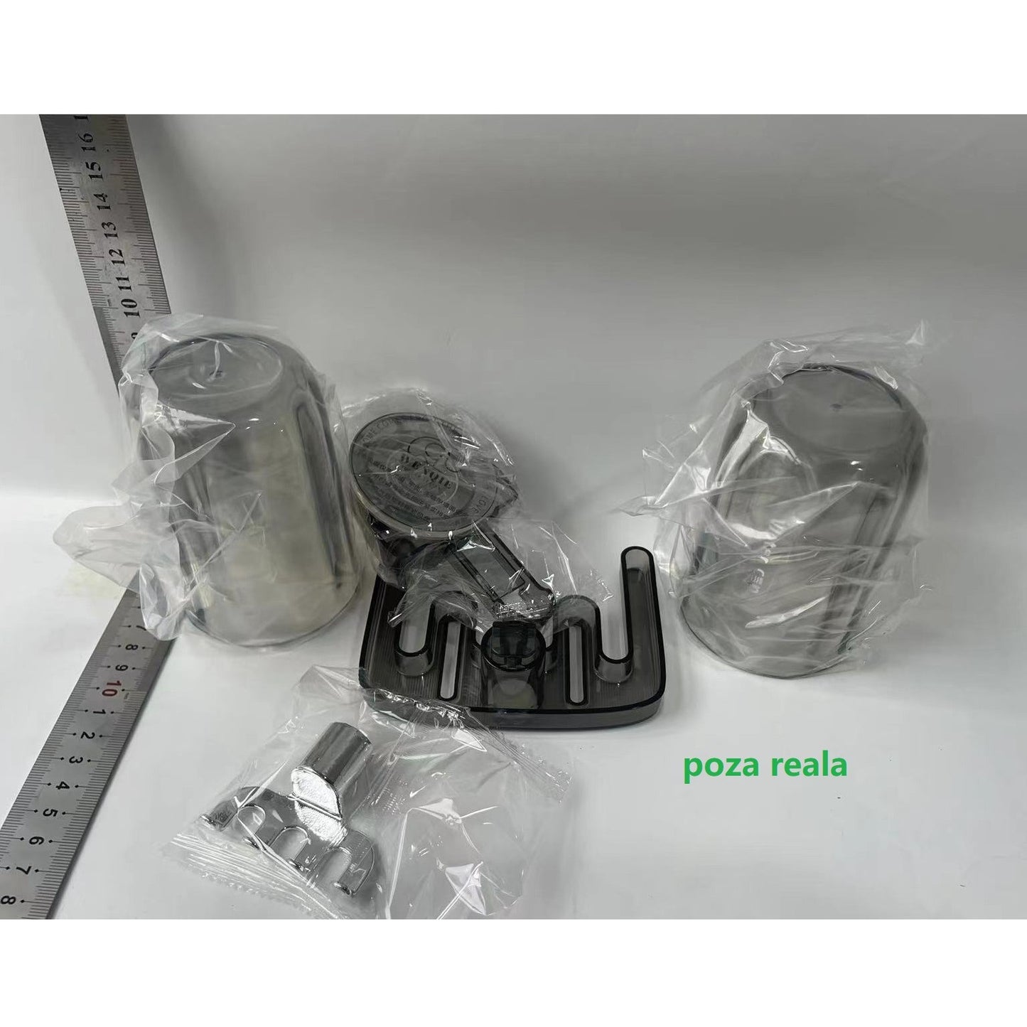 Suport Multifunctional Dublu, Pahar si Suport pentru Periuta de Dinti, Klevo, Plastic, 11 cm x 11.5 cm, Gri