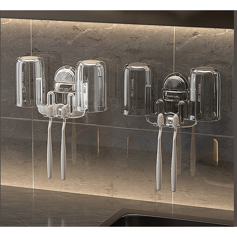 Suport Multifunctional Dublu, Pahar si Suport pentru Periuta de Dinti, Klevo, Plastic, 11 cm x 11.5 cm, Transparent