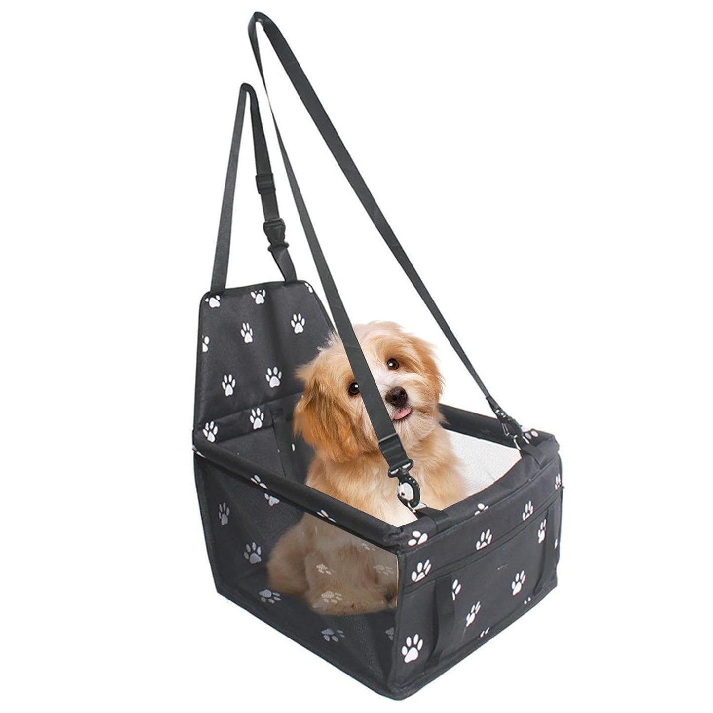 Suport pentru Animalele de Companie, Klevo, pentru Masina, cu Prindere de Scaun si Centura de Siguranta, Negru cu Imprimeu, 40x32x42cm