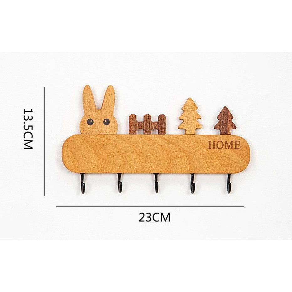 Suport pentru Chei, Klevo, din Lemn, Aplicare fara Perforare, Adeziv Inclus, 5 Carlige Negre, Model Iepure, Greutate Suportata 5 kg, 13.5 x 22 cm, Maro
