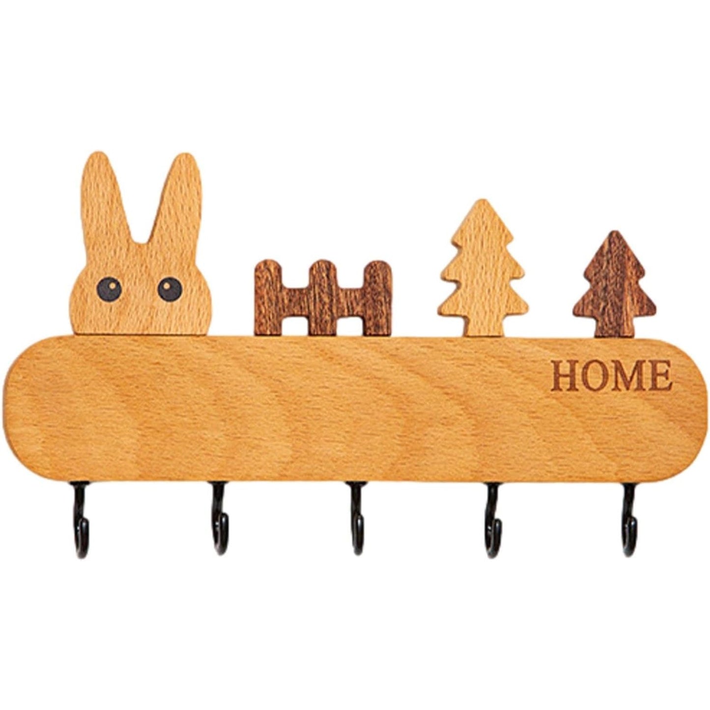 Suport pentru Chei, Klevo, din Lemn, Aplicare fara Perforare, Adeziv Inclus, 5 Carlige Negre, Model Iepure, Greutate Suportata 5 kg, 13.5 x 22 cm, Maro
