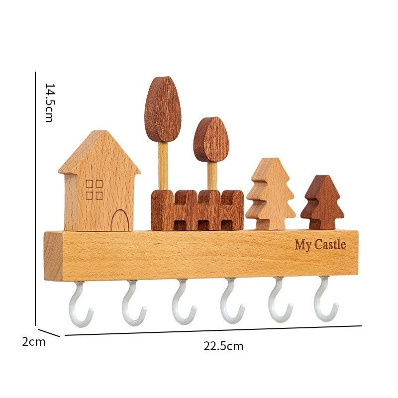 Suport pentru Chei, Klevo, din Lemn, Aplicare fara Perforare, Adeziv Inclus, 6 Carlige Albe, Model Casuta, Greutate Suportata 5 kg, 14.5 x 2 x 22.5 cm, Maro