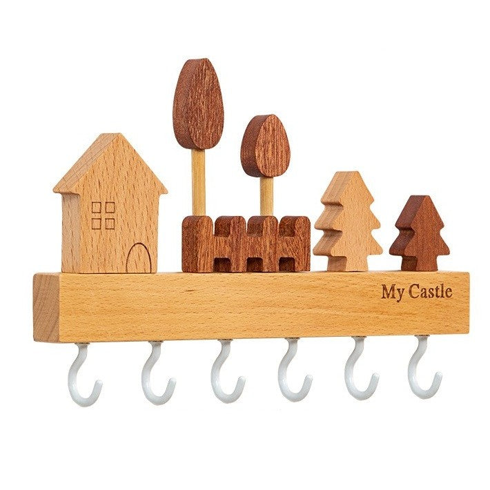 Suport pentru Chei, Klevo, din Lemn, Aplicare fara Perforare, Adeziv Inclus, 6 Carlige Albe, Model Casuta, Greutate Suportata 5 kg, 14.5 x 2 x 22.5 cm, Maro