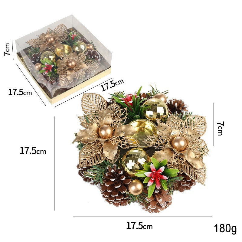 Suport pentru Lumanare de Craciun, Klevo, Model Cupa cu 2 Globutele Aurii si 2 Flori cu Conuri, Sfesnic de Tip Ghirlanda, Decoratiune pe Masa de Craciun, 17.5 x 17.5 x 7 cm, Auriu