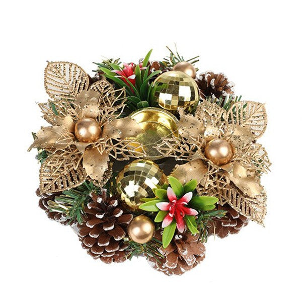Suport pentru Lumanare de Craciun, Klevo, Model Cupa cu 2 Globutele Aurii si 2 Flori cu Conuri, Sfesnic de Tip Ghirlanda, Decoratiune pe Masa de Craciun, 17.5 x 17.5 x 7 cm, Auriu