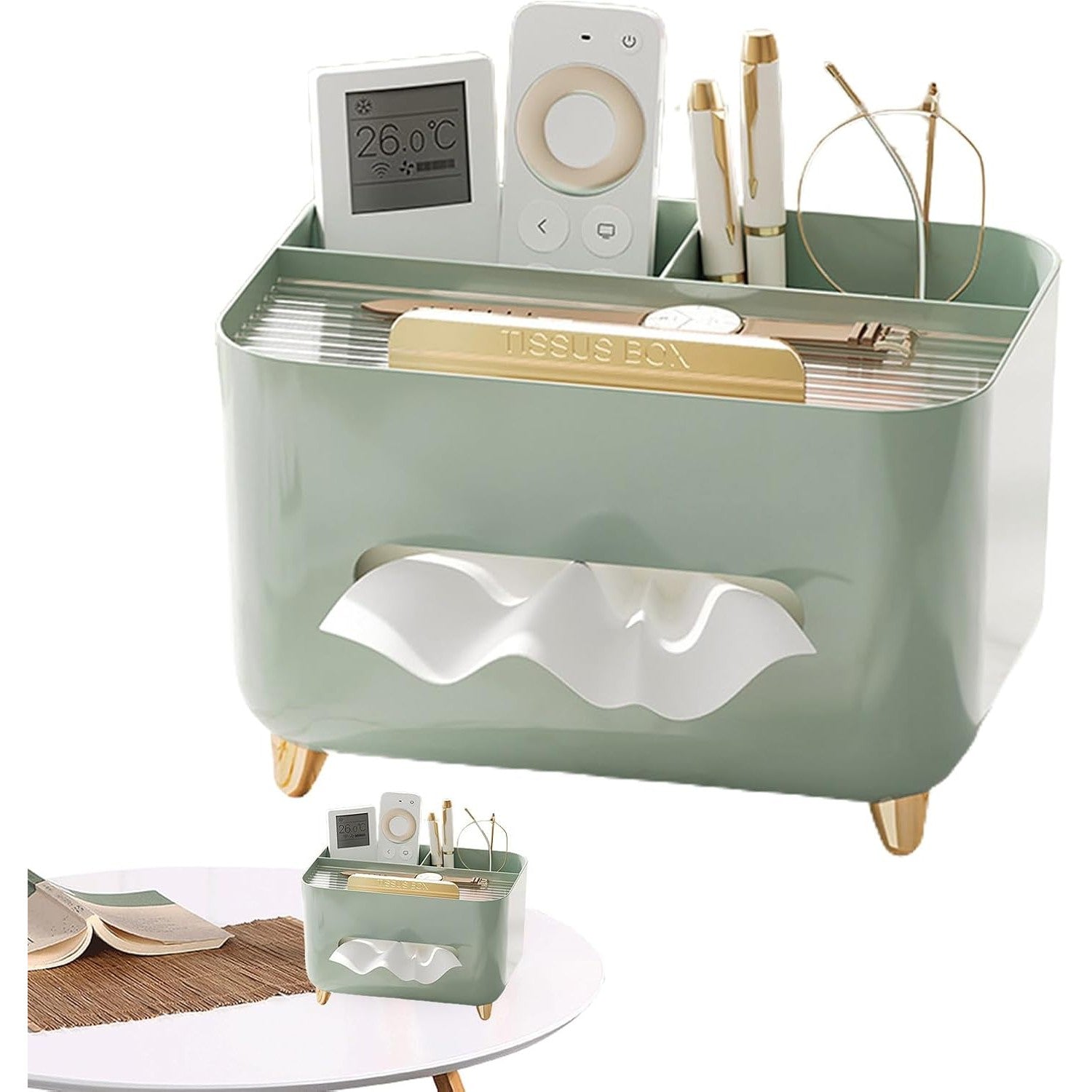 Suport pentru Servetele, Klevo, Cutie Multifunctionala, Design Minimalist, ABS, cu Suport pentru Obiectele Personale, pentru Birou, 21x15x13 cm, Verde