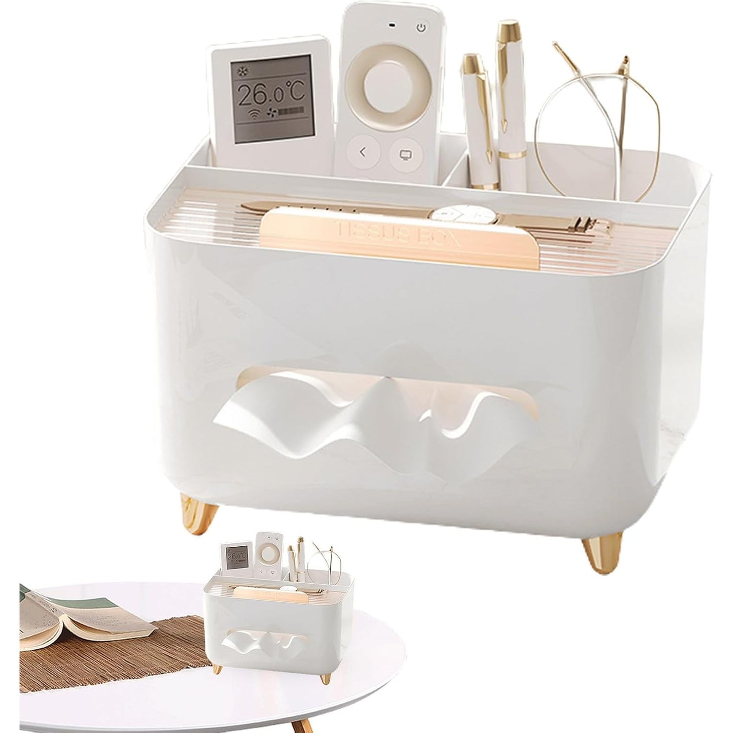Suport pentru Servetele, Klevo, Cutie Multifunctionala, Design Minimalist, ABS, cu Suport pentru Obiectele Personale, pentru Birou, 21x15x13 cm, Alb