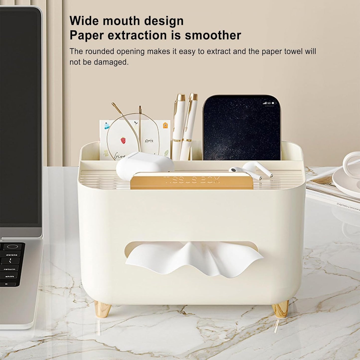 Suport pentru Servetele, Klevo, Cutie Multifunctionala, Design Minimalist, ABS, cu Suport pentru Obiectele Personale, pentru Birou, 21x15x13 cm, Crem